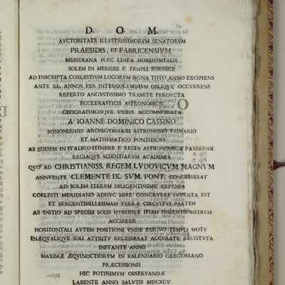 Giovanni Domenico Cassini, La meridiana del tempio di S. Petronio tirata, e preparata per le osseruazioni astronomiche l’anno 1655. Riuista, e restaurata l’anno 1695 